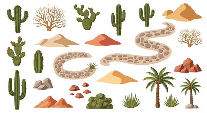 Desert landscape elements set, cactus and sand dunes vector collection, wild west nature icons with palm trees and stone paths