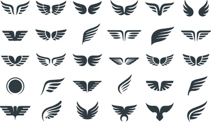 Collection of 24 black and white minimalist wing icons set on transparent background for design © Vector Expert