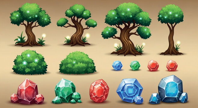 Fantasy game assets set, stylized forest trees and magic crystals vector, cartoon nature environment elements for mobile gaming UI