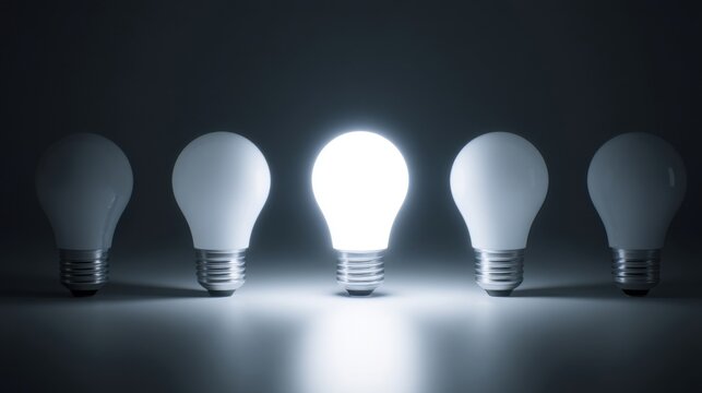 Row of classic incandescent bulbs with only the central one illuminated creating a dramatic contrast against dark backgr