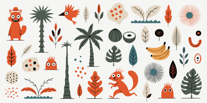 Set of funny forest animals with palm trees and botanical graphic elements