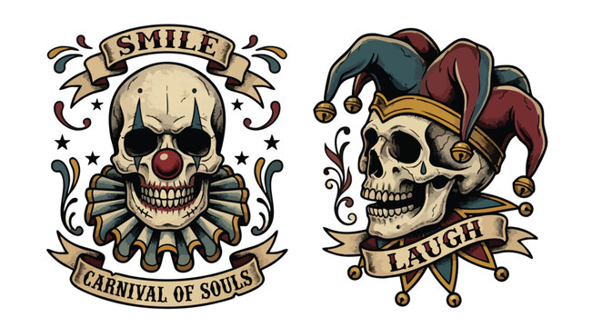 Vintage clown and jester skull illustrations with ornate details