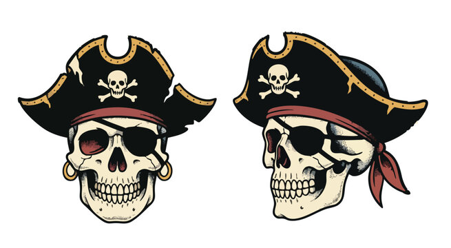 Vintage pirate skulls with eye patches and hats illustration
