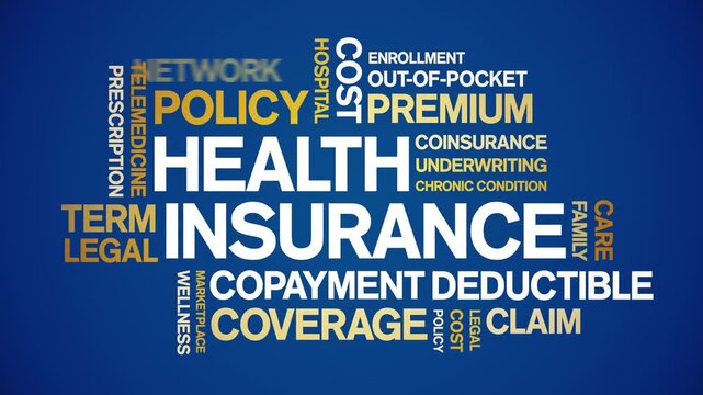 Health insurance animated word cloud-text design animation tag kinetic typography seamless loop.