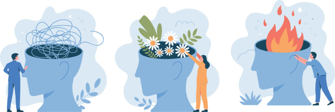 Mental health concept illustration showing human heads with tangled thoughts emotional burnout fire and positive growth with flowers