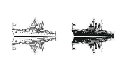 Naval warship battleship icon in outline and solid black silhouette for military history and maritime graphic design elements isolated on white background © Maya