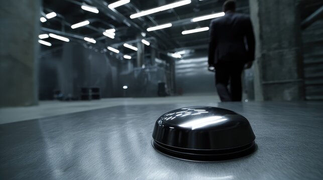 Man in a business suit walking away from a large, prominent, black button on a metallic surface, creating a scene of suspense and mystery in a modern, stark industrial environment