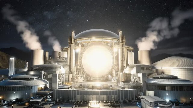 Futuristic power plant at night with a glowing fusion reactor generating limitless clean energy under a starlit sky. Sustainable electricity and advanced industrial technology concept