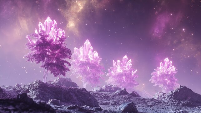 astronaut planting glowing crystal trees on a small asteroid terraforming fantasy concept soft purple nebula background cinematic light
