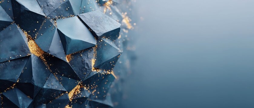 Faceted wall design with irregular polygons reflecting light in slate-gray and teal colors under strong directional light