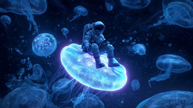 astronaut sitting on a floating neon jellyfish drifting through deep space bioluminescent glow surreal cosmic ocean concept ultra detailed cinematic lighting

