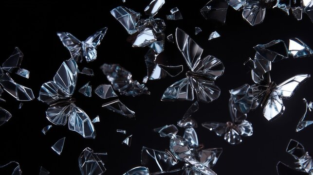 butterflies made of shattered mirror pieces flying in air reflection fragmentation concept high contrast lighting black background macro detail
