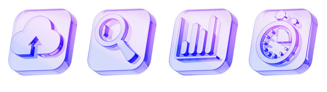 3d hologram glass square buttons set - cloud upload, magnifier, bar chart, stopwatch timer icon. Business analytics, data analysis, financial growth, presentation, digital interfaces