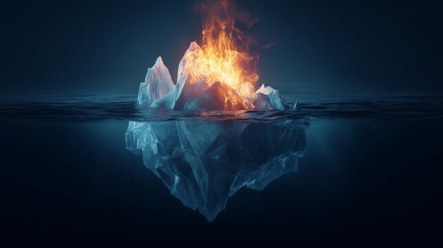 floating iceberg made of glass with fire burning inside paradox concept transparency vs heat ultra realistic dramatic lighting dark ocean background
