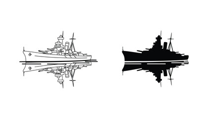 Battleship warship naval vessel reflection line and solid icon set for military and maritime graphic design © Maya