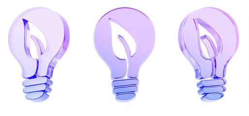 Naklejka premium 3d glass hologram light bulb with leaf logo icon set. Symbol of energy saving lamp, green technologies, environmental protection. Energy conservation, eco friendly idea and innovation