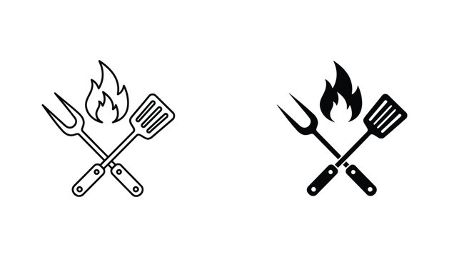 Barbecue spatula and meat fork crossed icon set with fire flames for grill master and cooking culinary design themes