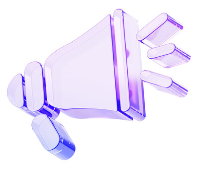 Hologram glass megaphone 3d icon render. Purple crystal loudspeaker with blue neon gradient. Iridescent transparent speaker for advertising, announce sale, marketing promotion and PR