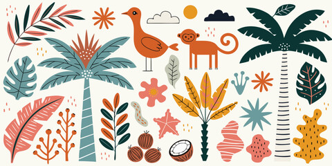 Jungle safari elements with monkey and tropical palm tree illustrations © Sadhin07