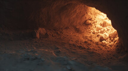 Fototapeta premium Dark cave interior showing a narrow tunnel and rock formation, leading towards a bright exit, highlighting themes of escape, discovery, and new beginnings