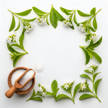 Stevia rebaudiana leaves and flowers with a wooden bowl of sweetener isolated on white background