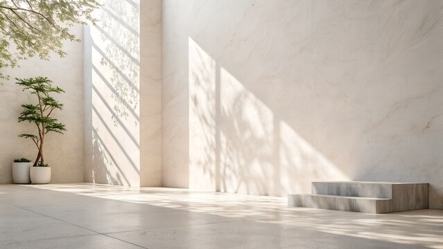 Minimalist marble hall with tree branch casting artistic shadows on textured walls featuring clean stone staircase for display.