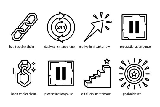 Minimalist habit tracker icons set, productivity and self discipline symbols, black line art for daily consistency and goal achievement