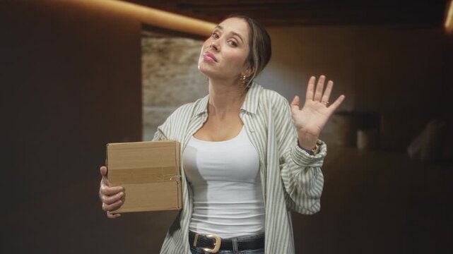 Woman holds cardboard box with hand raised palm out and a resigned face, wearing white tank and striped shirt in building; dismissal.