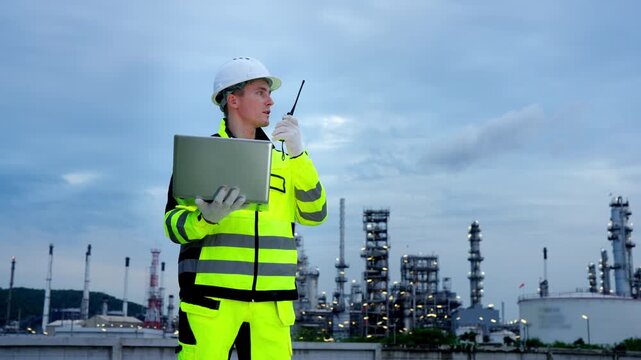 Male petroleum refinery engineers and industrial worker working on laptop computer, inspection oil refinery plant at construction site at night, technician maintaining energy power gas system