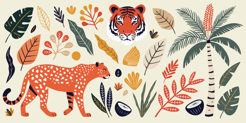 Jungle safari vector illustration set with wild animals tiger leopard palm trees and tropical leaves © Sadhin07