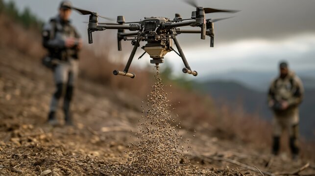 A drone aerial reforestation seed bombing operation.