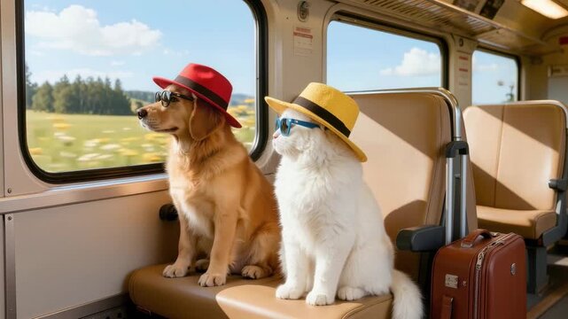 Humorous dog and white cat wearing hats and sunglasses travel by train with luggage during sunny countryside vacation journey concept