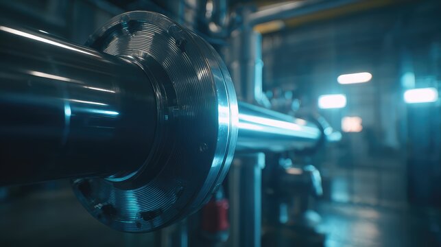 Industrial steel pipe and flange detail in a manufacturing plant, showcasing precision metal fabrication, chrome surfaces and blue lit engineering for modern industrial systems