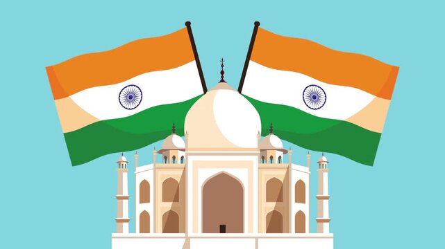 Indian independence day animation with taj mahal monument and national flags waving on blue background.