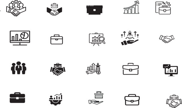 Business icons, office symbols, finance graphics, 50 black line icons