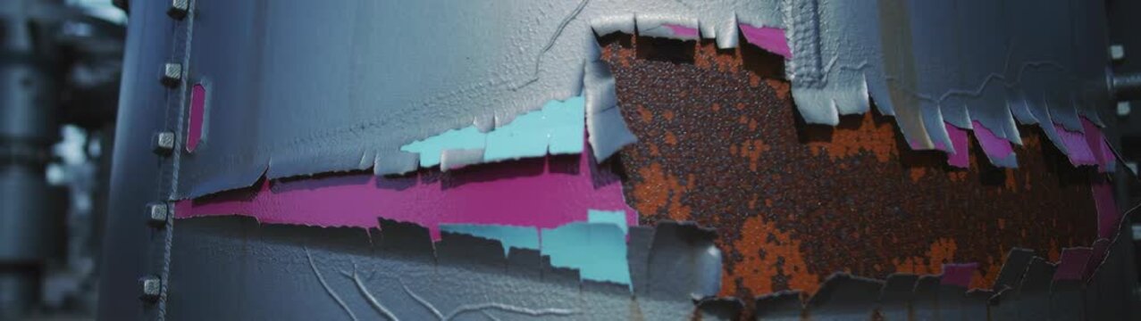 Industrial metal showing signs of deterioration with peeling paint exposing corrosion. The weathered layers of the surface display the effects of age and decay.