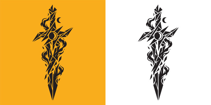 Dark Fantasy Dagger Silhouette with Flame and Moon Shard Details