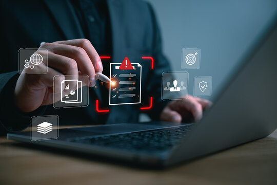 Digital compliance checklist concept with businessman reviewing online documents on laptop, audit management, cybersecurity standards, risk assessment, data protection, and corporate governance.
