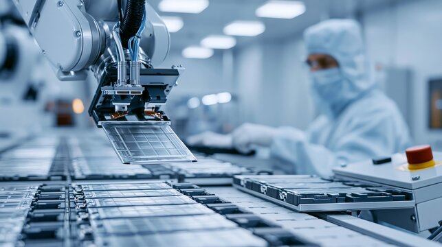 A lithium ion battery cell assembly production line in a clean room.