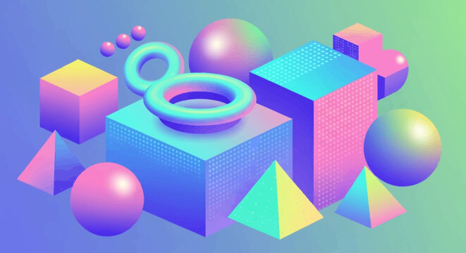 Abstract Isometric Geometric Shapes Pink Blue Green Gradient Background