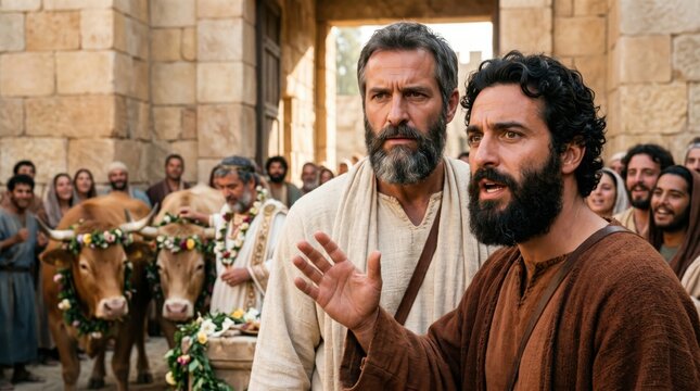 Apostle Paul and Barnabas preaching to ancient crowd in Lystra. Biblical scene showing disciples stopping pagan idol sacrifice. Man talking to people about God. Historic religious concept.