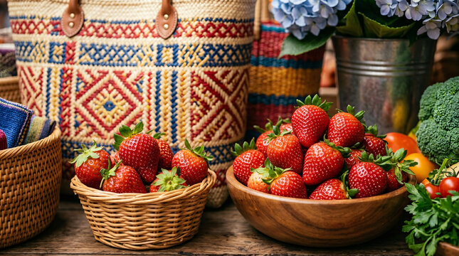 Fresh strawberries displayed with woven baskets and traditional market crafts.