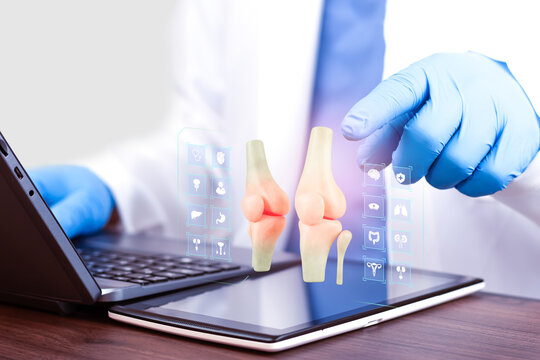 Concept for a laptop-based telemedicine platform for digital orthopedic monitoring. Medical management software and knee bone analysis in modern musculoskeletal care.
