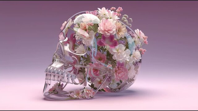 giant transparent skull filled with blooming flowers life and death contrast concept soft light pastel tones ultra detailed