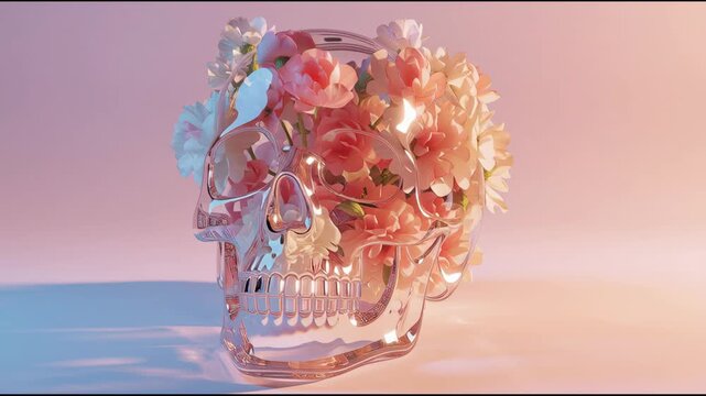 giant transparent skull filled with blooming flowers life and death contrast concept soft light pastel tones ultra detailed