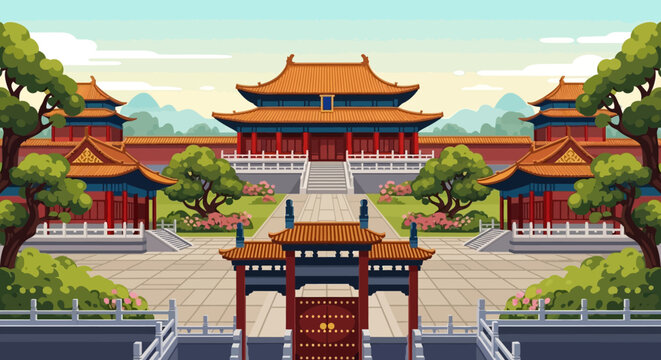 Pixel Art Palace Exterior with Traditional Chinese Architecture