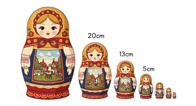 Russian nesting dolls set with size measurement markers