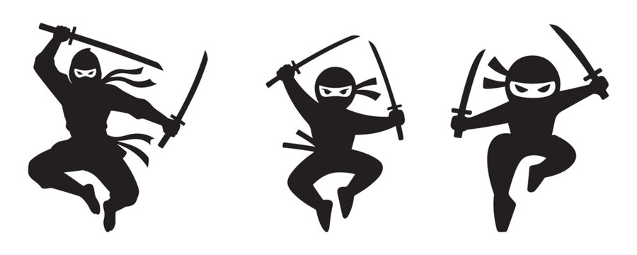 Ninja warrior silhouette vector set with jumping action poses and swords isolated on transparent background.