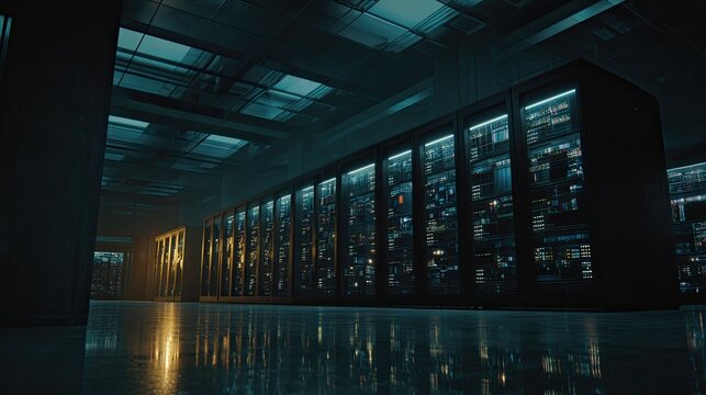Server racks filling a large data center hall with digital information flowing through powerful computer infrastructure, representing global technology, networking, and cloud storage