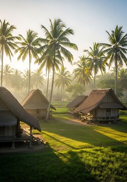 Tropical village with palm trees and huts.